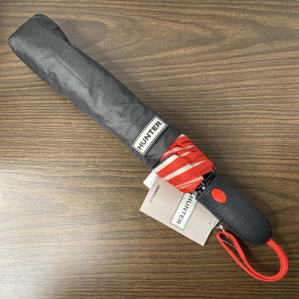HUNTER Signature Stripe Compact Umbrella BLACK (with Red & White Stripe) NWT